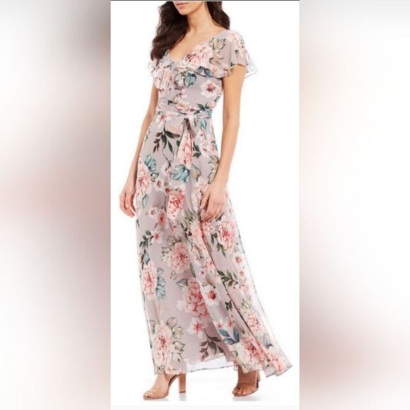 Eliza J Women's Floral-Print Flutter-Sleeve Chiffon Dress NWT size 10 grey - Picture 1 of 5